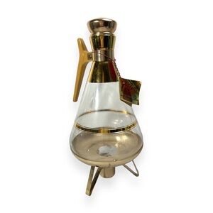 Vtg Mid-Century INLAND Glass Carafe & Warmer 22k Gold Trim‎ Coffee Pot Cork Lid